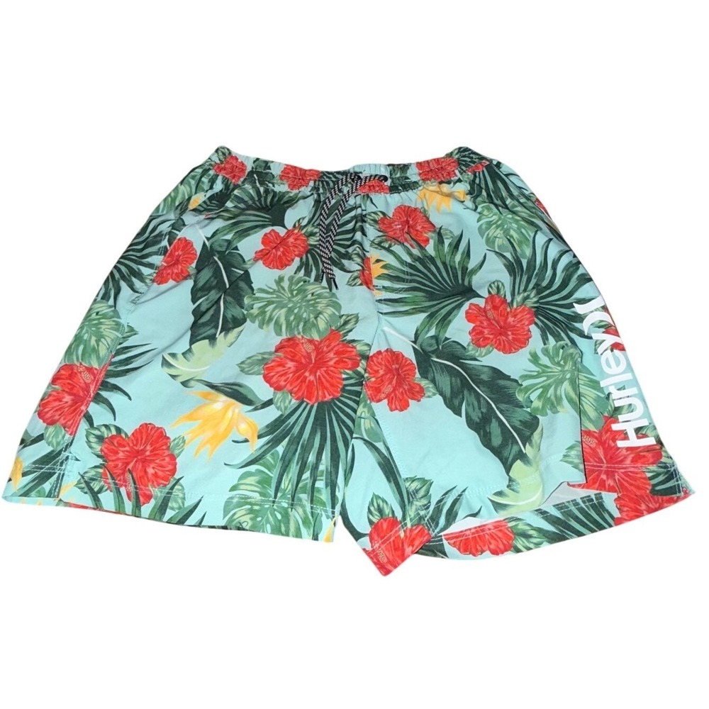 Hurley Mens Tropical Floral Swim Trunks Teal Red Hibiscus Mesh Liner Size Medium